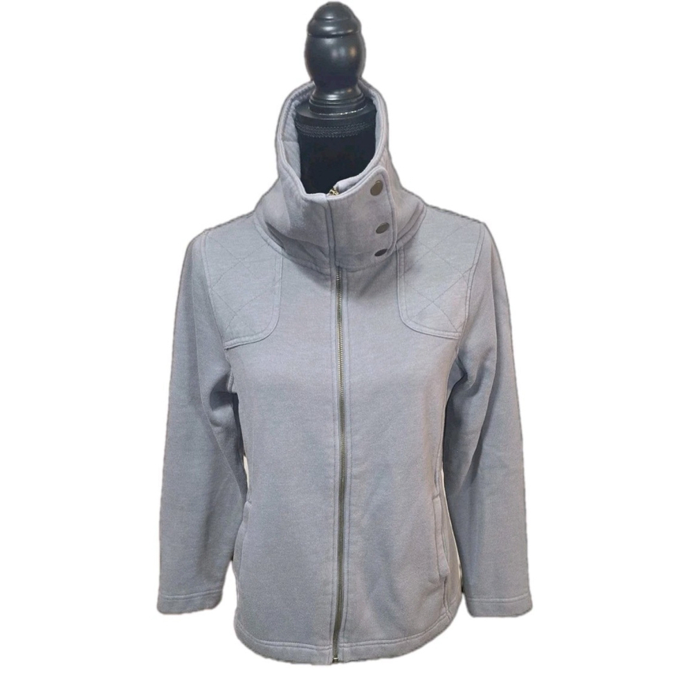 Eddie Bauer Women’s Fleece Jacket Gray Full Zip Quilted Button Collar Size Large